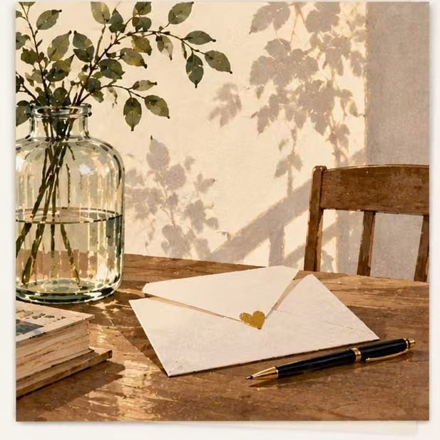 Romantic Thinking of You card showing a sunlit desk with a golden heart envelope, fountain pen, and leafy shadows. Printed on 300gsm thick coated paper for Good Wishes.