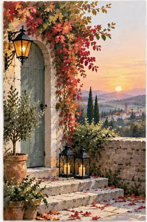 Mediterranean sunset thinking of you card featuring a Tuscan doorway with autumn leaves and lanterns. Premium 300gsm long distance greeting card.