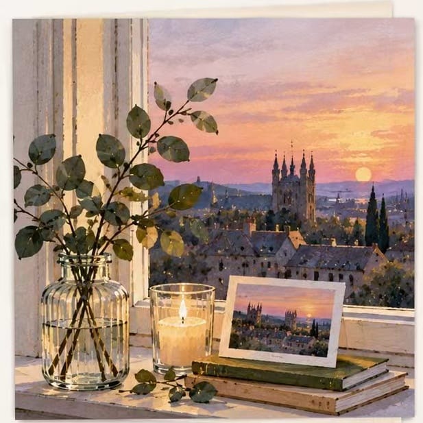 Thinking of You greeting card featuring a serene sunset window view with a lit candle, glass vase, and eucalyptus leaves. 300gsm premium coated paper, custom sizes available.