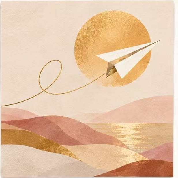 Modern minimalist Good Wishes greeting card featuring an abstract paper plane flying towards a golden sun over rolling hills. 300gsm coated paper, multi-size options.