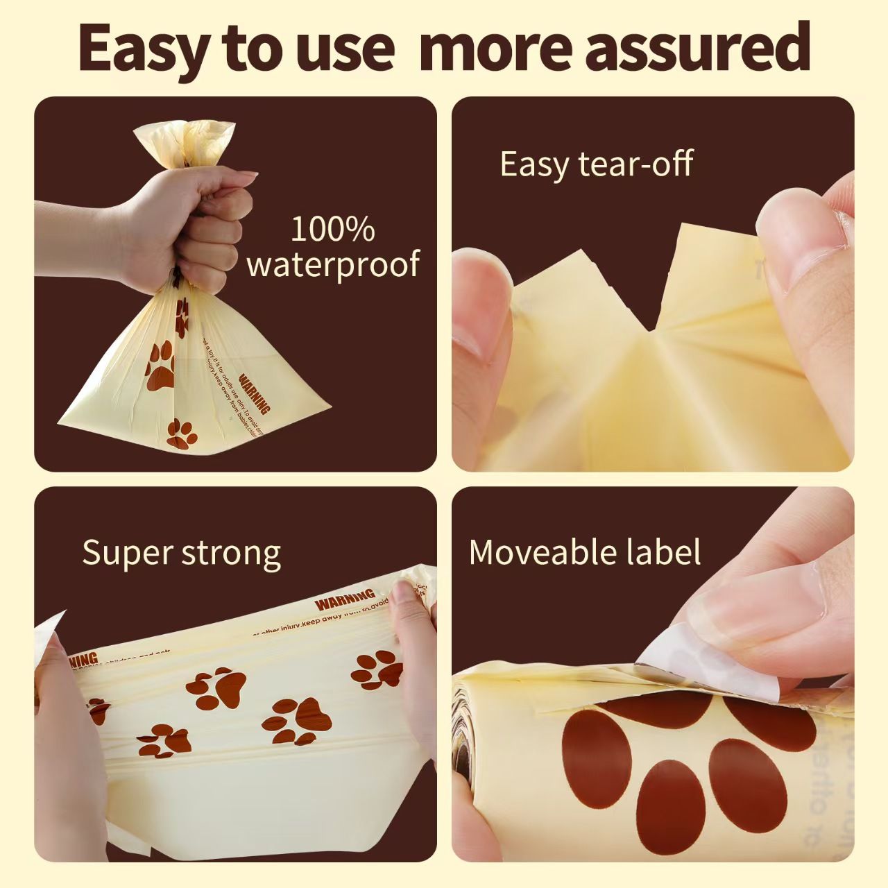 Dogpopp chocolate scented dog poop bags features: 100% waterproof, easy tear-off, super strong, moveable label, leak-proof