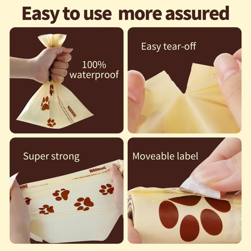 Dogpopp chocolate scented dog poop bags features: 100% waterproof, easy tear-off, super strong, moveable label, leak-proof