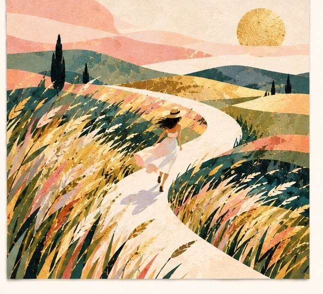 Little Joys aesthetic landscape card - woman walking winding path in golden meadow under textured sun, 300gsm art paper nature card