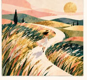Little Joys aesthetic landscape card - woman walking winding path in golden meadow under textured sun, 300gsm art paper nature card