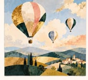 Little Joys vintage greeting card - hot air balloons over Tuscan hills and village, 300gsm art paper wanderlust landscape card