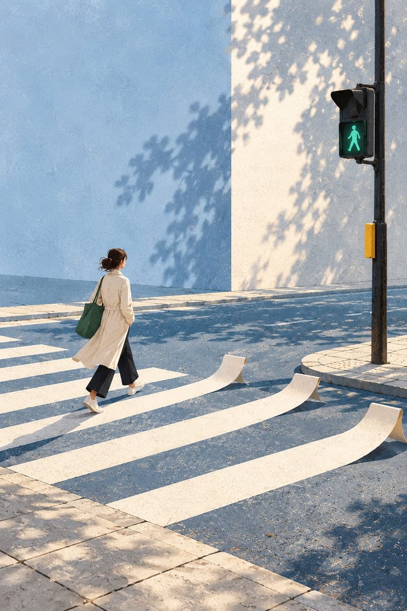 Little Joys minimalist greeting card - woman crossing city street at green light, 300gsm art paper everyday joy card
