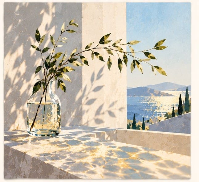 Little Joys coastal minimalist card - glass vase with leafy branches by window overlooking blue ocean, 300gsm art paper botanical card