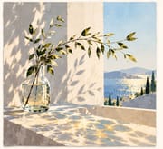 Little Joys coastal minimalist card - glass vase with leafy branches by window overlooking blue ocean, 300gsm art paper botanical card