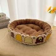 Round PP cotton pet bed with yellow bear pattern, brown plush interior, warm donut cat dog bed.