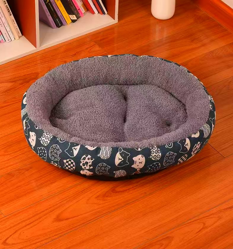Round PP cotton pet bed with navy blue cat pattern, gray plush interior, cozy washable cat dog bed.