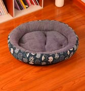 Round PP cotton pet bed with navy blue cat pattern, gray plush interior, cozy washable cat dog bed.