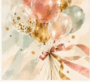 Luxe confetti balloon birthday card with pink, gold, and transparent balloons tied with a flowing ribbon.