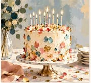 Watercolor floral birthday cake greeting card for her with candles, flowers, and a vintage cake stand.