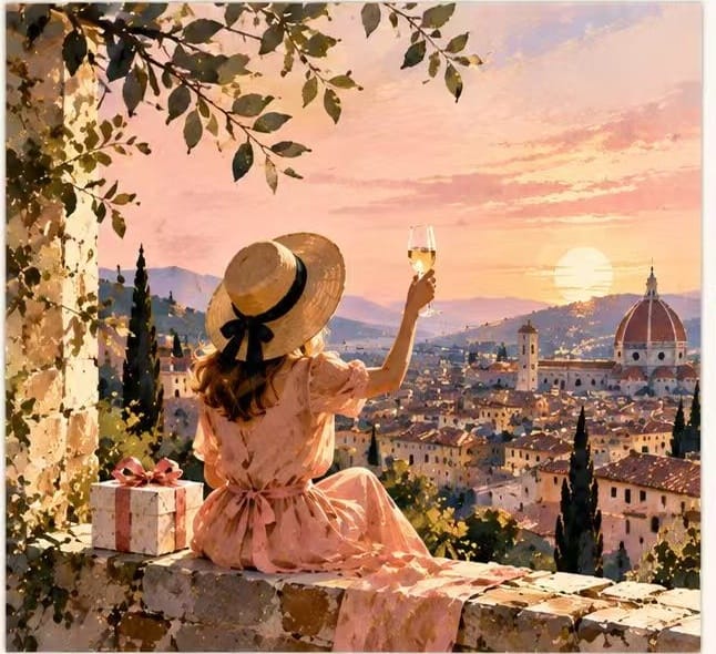 Elegant Tuscan sunset birthday card for her featuring a woman with champagne on a balcony overlooking a cityscape.