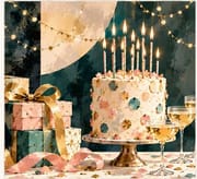 Sophisticated midnight champagne birthday card for adults featuring a decorated cake and two glasses under string lights.