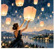 Dreamy sky lantern birthday card for her. Woman releasing a glowing wish lantern into a starry night over a lake.