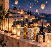 Magical night lantern birthday card with glowing sky lanterns, wrapped gifts, and a coastal town backdrop.
