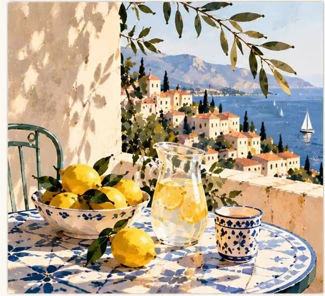 Amalfi Coast village, blue tile table and lemons, Mediterranean travel greeting card