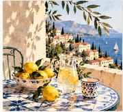 Amalfi Coast village, blue tile table and lemons, Mediterranean travel greeting card