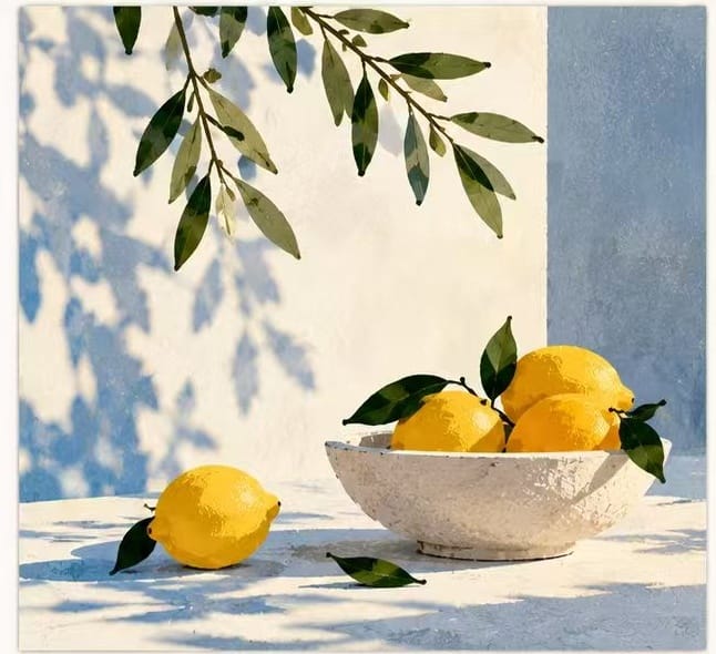 Yellow lemons in white bowl against blue wall, minimalist lemon greeting card design