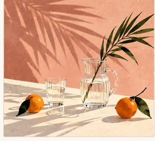 Citrus, glass pitcher and palm leaf shadows on pink wall, coastal Mediterranean greeting card