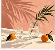 Citrus, glass pitcher and palm leaf shadows on pink wall, coastal Mediterranean greeting card