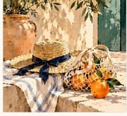 Straw hat, mesh bag of tangerines and rustic pottery in sunlight, summer picnic card