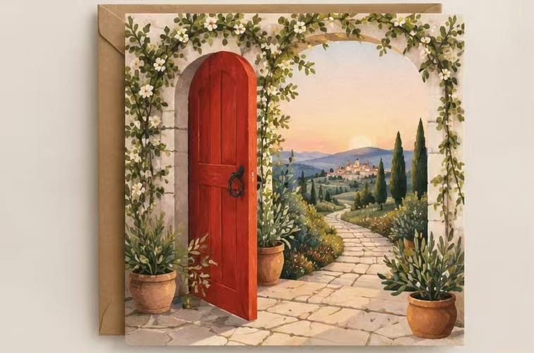 Tuscan red door with white flowers opening to Italian countryside - floral birthday card. See What Opens 300gsm coated paper.