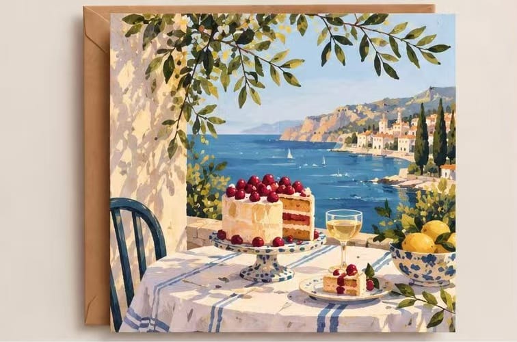 Cherry cake and wine overlooking the Mediterranean sea - coastal birthday card. 