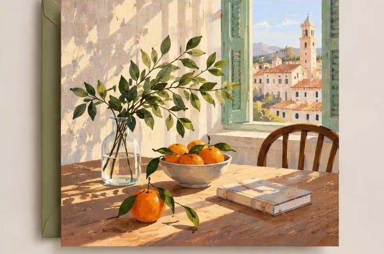 Sunlit window with oranges, book, and European town view - aesthetic birthday card. 