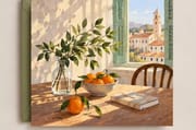 Sunlit window with oranges, book, and European town view - aesthetic birthday card. 