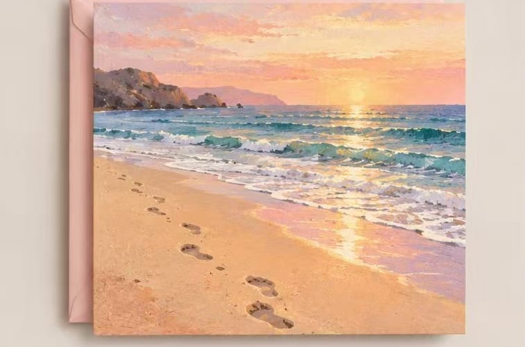 Footprints on a sunset beach with ocean waves - serene coastal birthday card. See What Opens 300gsm artistic greeting card.