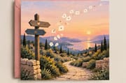 Kindness Travels greeting card with flying letters and sunset landscape