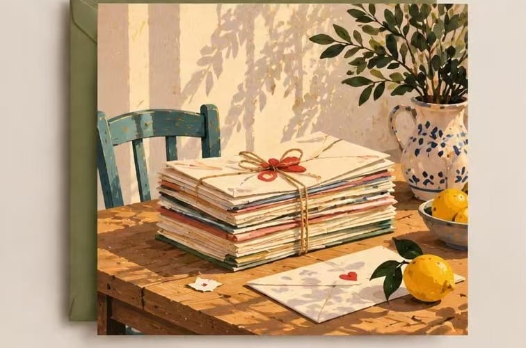 Thank you greeting card with handwritten letters, flowers and lemons on a table