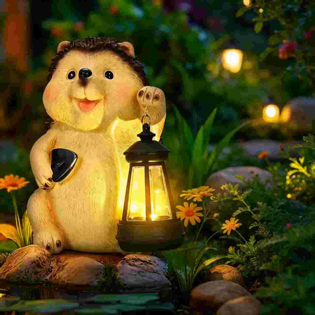 Solar hedgehog garden lantern with warm white outdoor light