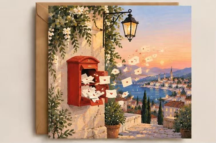 Illustrated thank you card with letters, mailbox and sunset coastal landscape