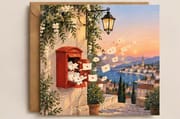 Illustrated thank you card with letters, mailbox and sunset coastal landscape