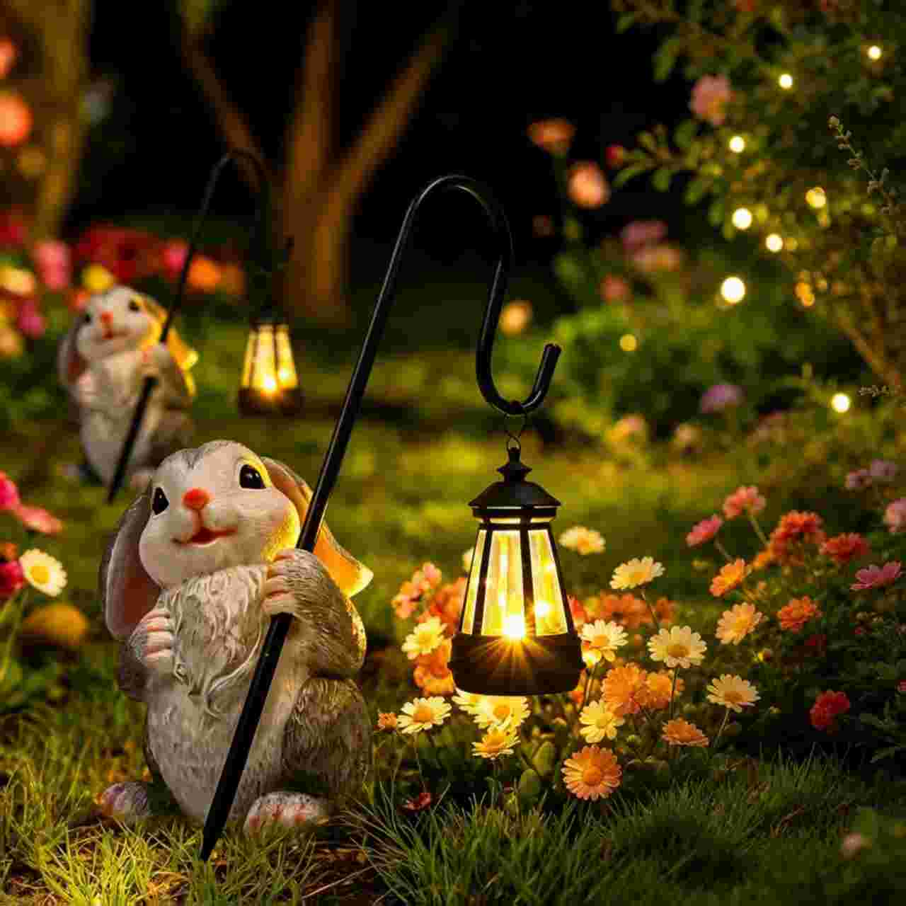 Solar rabbit garden lantern with warm white LED light