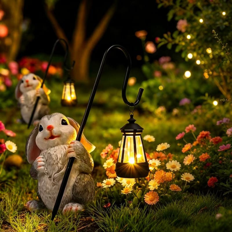 Solar rabbit garden lantern with warm white LED light