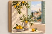 Illustrated thank you greeting card with lemons, flowers and a Mediterranean landscape