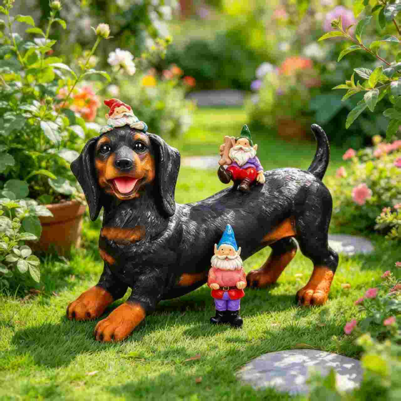 Resin dachshund garden statue with decorative gnome figures