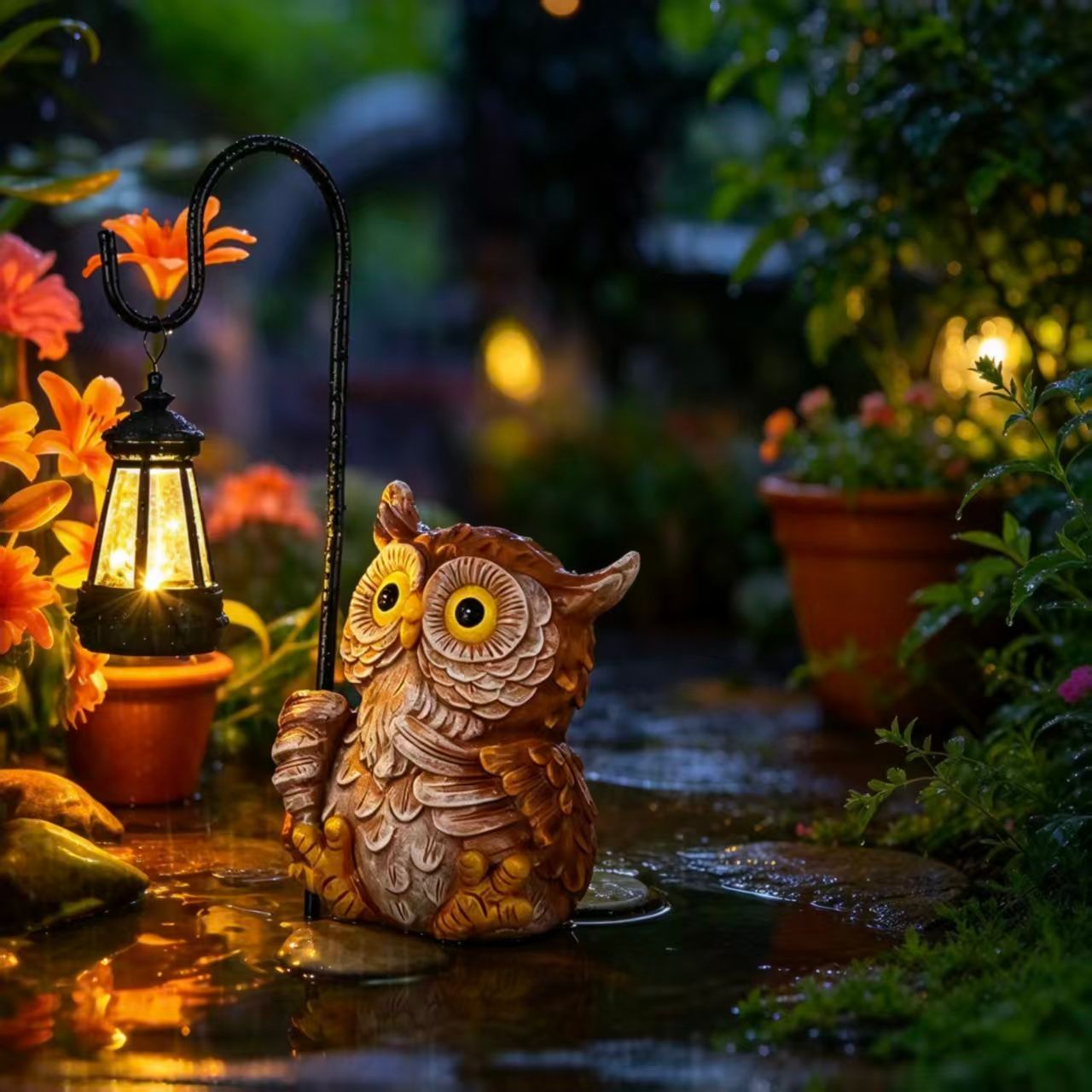 Solar owl garden lantern with warm white LED illumination
