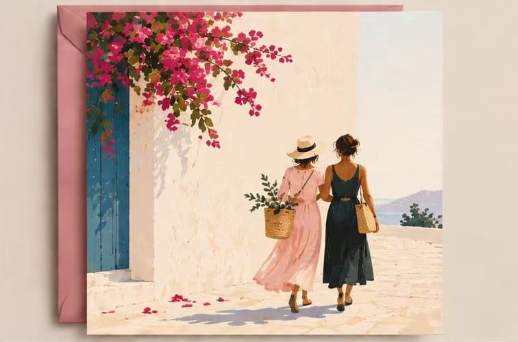 Friendship greeting card featuring two friends walking through a Mediterranean village
