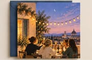 Friendship greeting card featuring friends dining together at sunset