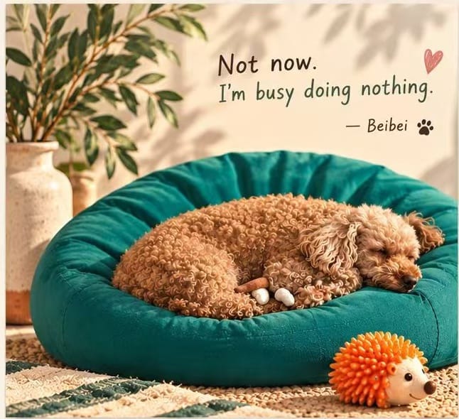 Cute dog greeting card featuring a curly-haired dog enjoying a sunny nap on a teal cushion.