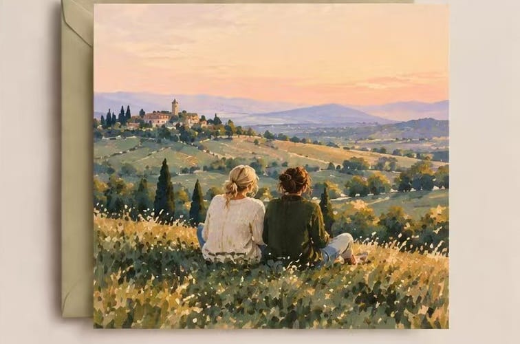 Friendship greeting card featuring two friends overlooking a countryside landscape