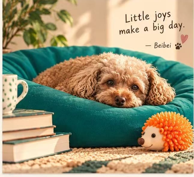 Humorous dog-themed greeting card with a curly-haired dog resting its head on a teal cushion.