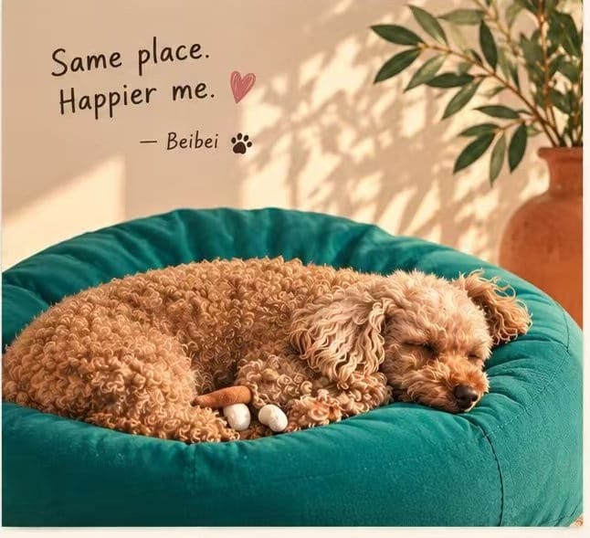 Cute curly-haired dog resting on a teal cushion on a humorous Beibei dog greeting card.