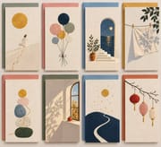 Minimalist DIY embroidery-style greeting cards featuring a sunlit landscape, pastel balloons, a moonlit doorway, hanging textiles, stacked stones, and lanterns.
