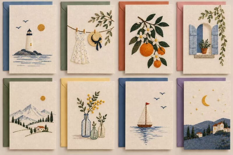 Embroidered greeting card collection featuring a lighthouse, summer dress, orange blossoms, coastal window, and sailboat.